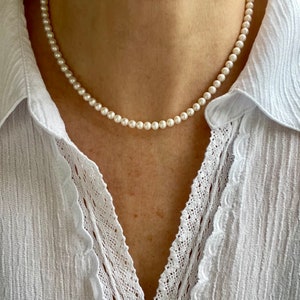 5mm AAA Freshwater Pearl Necklace, Round White Small Pearl Choker, String of Fine Pearls, AAA Grade High Luster!!, Silver or 14k Solid Gold