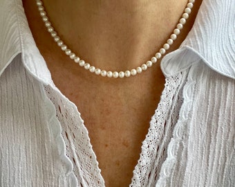 5mm AAA Freshwater Pearl Necklace, Cultured Round White Small Pearl Bridal Choker Necklace, String of Fine Pearls, AAA Grade High Luster!!