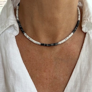 4mm Black Obsidian & White Buffalo Howlite Heishi Necklace, Unisex, Men&#39;s Women&#39;s Southwestern Check Unisex Hippie Bohemian Beaded Choker
