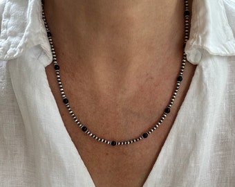 Navajo Pearl and 4mm Black Onyx Round Beaded Necklace, Sterling Silver Small Tiny Dainty Delicate Beaded Gemstone Layering Minimalist Choker