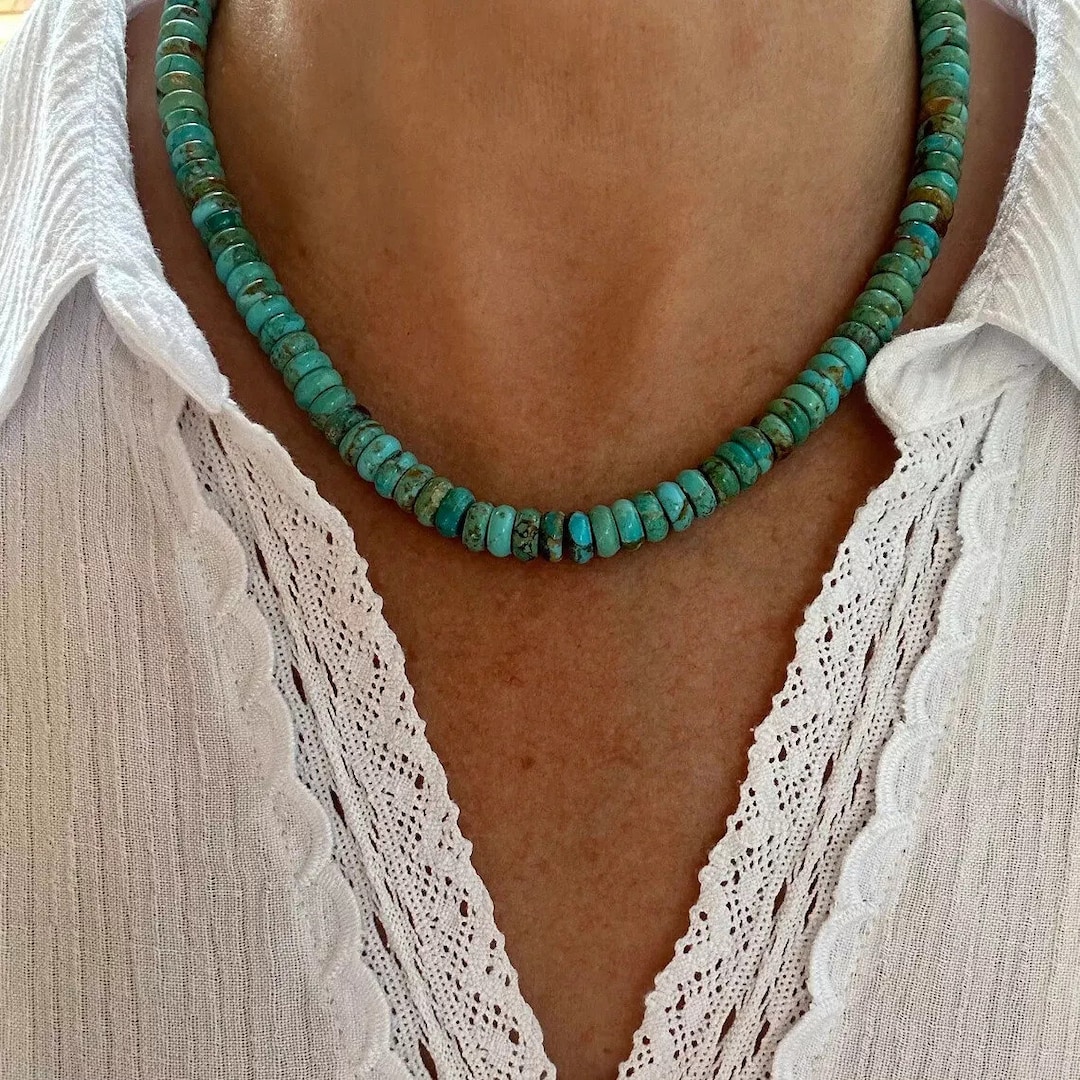 Kingman Turquoise Necklace, 8mm Wafer Rondelle Southwestern Beaded