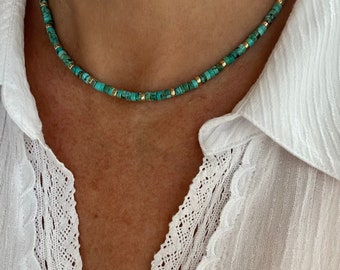 4mm Genuine Kingman Arizona Turquoise Yellow Gold Heishi Necklace, Women&#39;s Modern Minimalist Tiny Small Bead Gemstone Choker, 14K Solid Gold