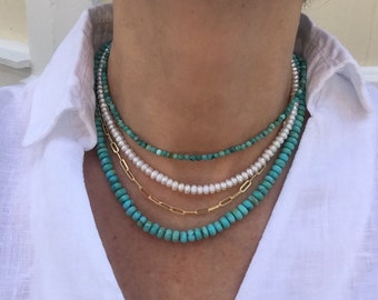 Genuine Natural Kingman Turquoise Beaded Necklace, Blue Green Turquoise Necklace, 6mm Gemstone Boho Choker Necklace, Women Turquoise Jewelry