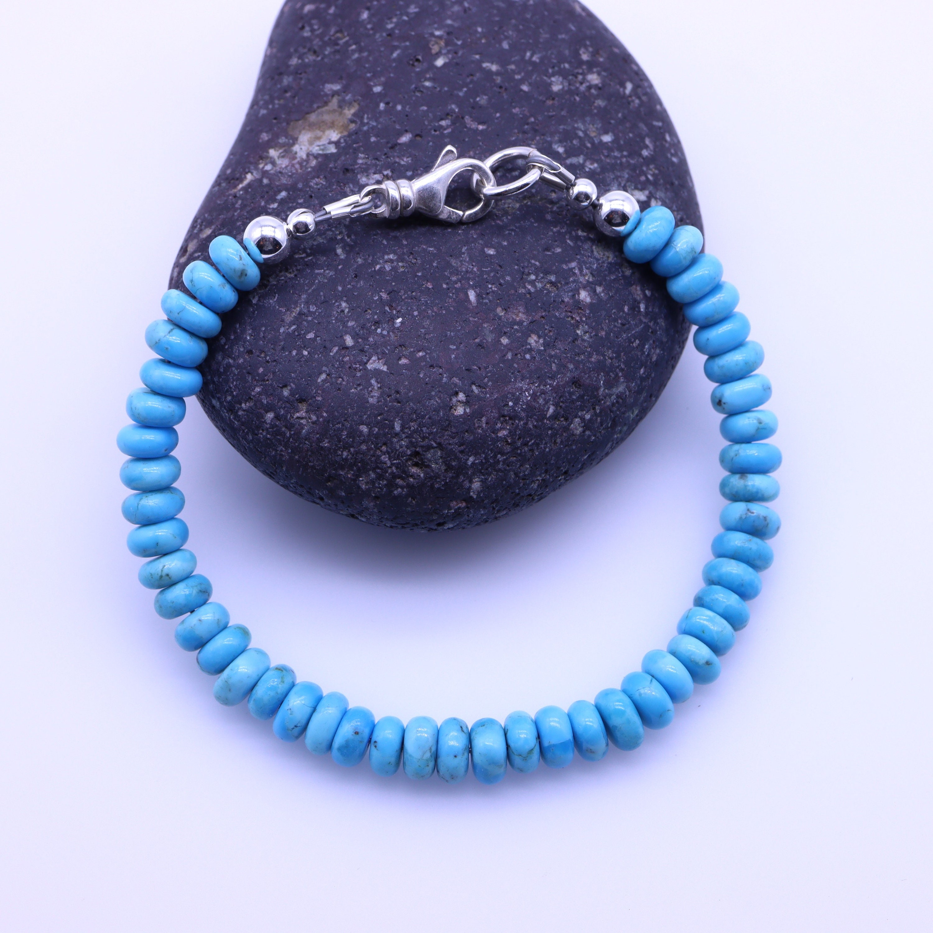 6mm Blue Kingman Turquoise Beaded Rondelle Bracelet, Genuine