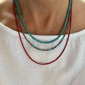 Thin Red Apple Coral Beaded Heishi Necklace, Lightweight Long Tiny Delicate Dainty Modern 2mm Small Bead Choker, Silver or 14k Solid Gold