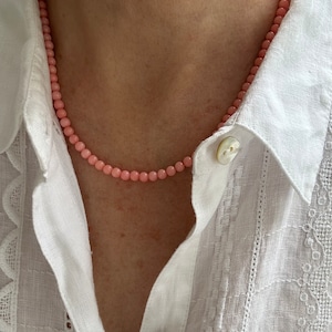 4mm Pink Coral Round Gemstone Necklace, Beaded Layering Minimalist Choker Angel Skin Necklace, Sterling Silver, 14k Yellow Gold, Gold Filled