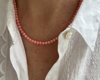 4mm Pink Coral Round Gemstone Necklace, Beaded Layering Minimalist Choker Angel Skin Necklace, Sterling Silver, 14k Yellow Gold, Gold Filled
