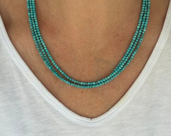 3mm Round Blue Turquoise Necklace, Genuine Natural Kingman Turquoise Small Bead Necklace, Tiny Dainty Gemstone Beaded Boho Choker, Gift