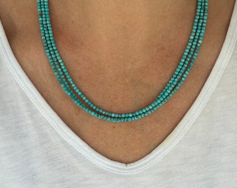 3mm Round Blue Turquoise Necklace, Genuine Natural Kingman Turquoise Small Bead Tiny Dainty Gemstone Beaded Choker, Silver or Gold, Gift