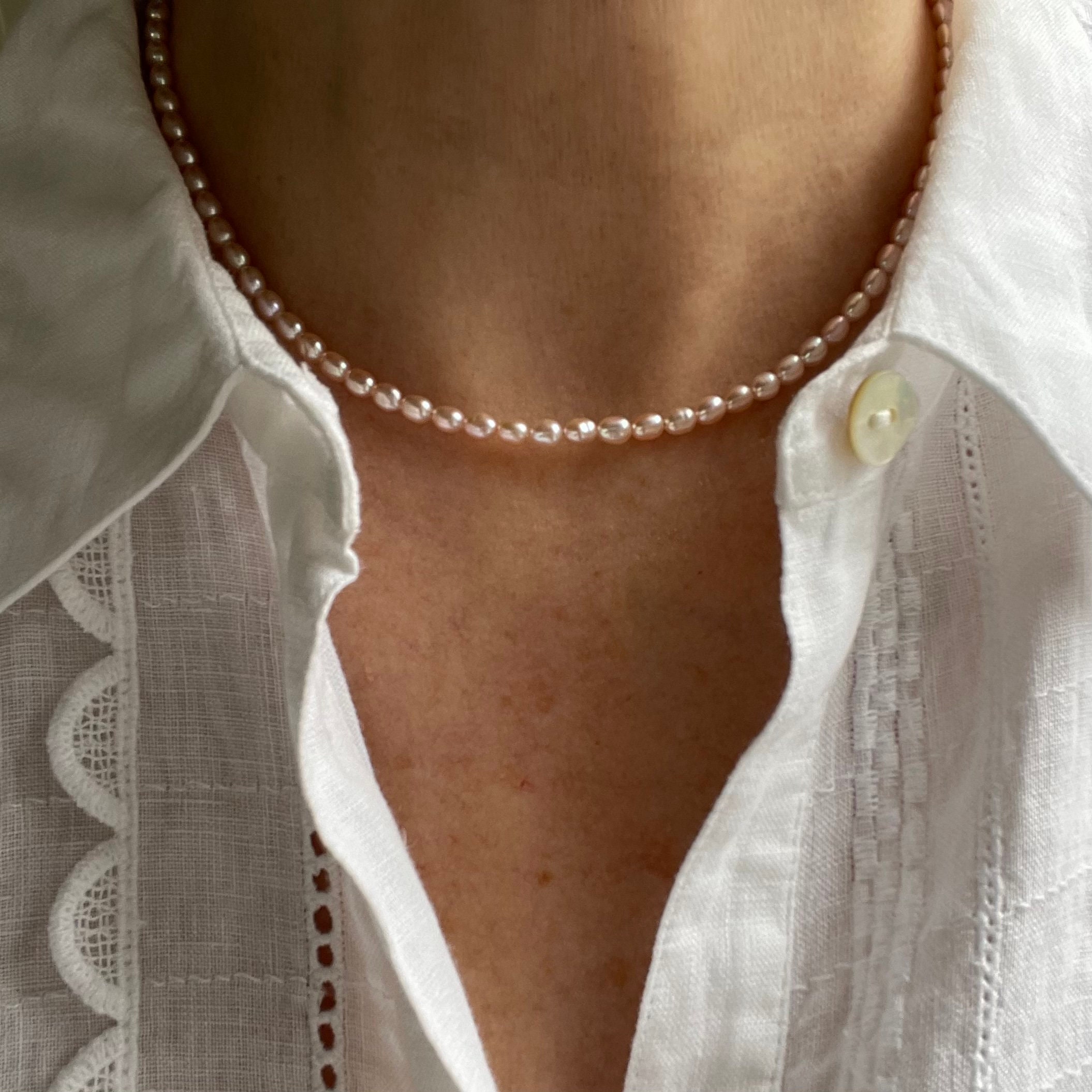4mm Natural Pink Freshwater Rice Pearl Necklace, Dainty Formal 