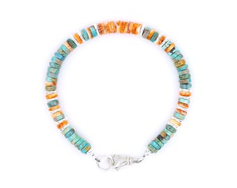Blue Arizona Turquoise & Orange Spiny Oyster Heishi Bracelet | 6mm Beads | Colorful Southwestern “Sunset Bracelet”
