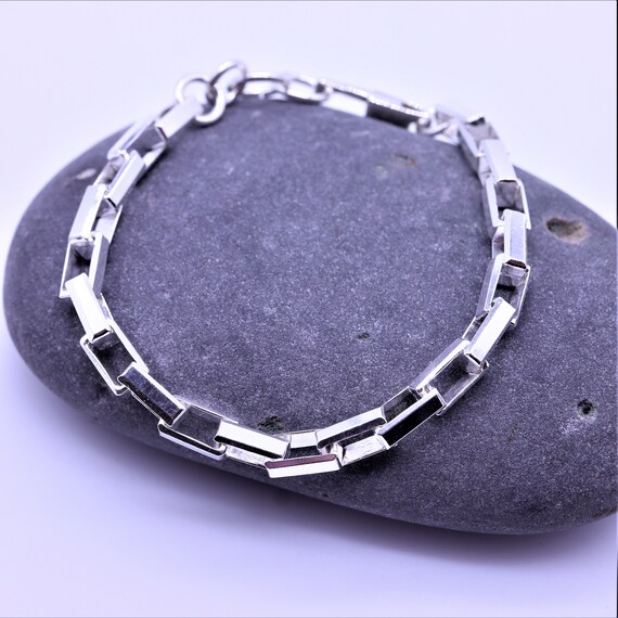 Men s Beveled Long Box Chain Bracelet Heavy 6x8mm Modern Sterling
