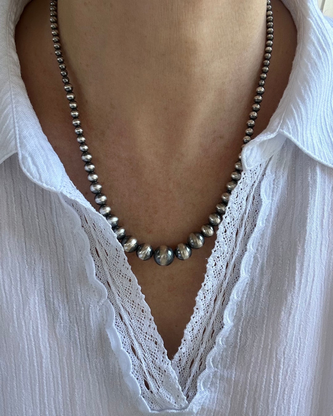 Graduated Sterling Silver Navajo Pearls Necklace, Large 12mm to 4mm ...