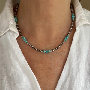 Blue Green Turquoise Necklace, Kingman Arizona USA Turquoise, Handmade Unique Boho Bead Bohemian Dainty Silver Fashion Beaded Choker Jewelry
