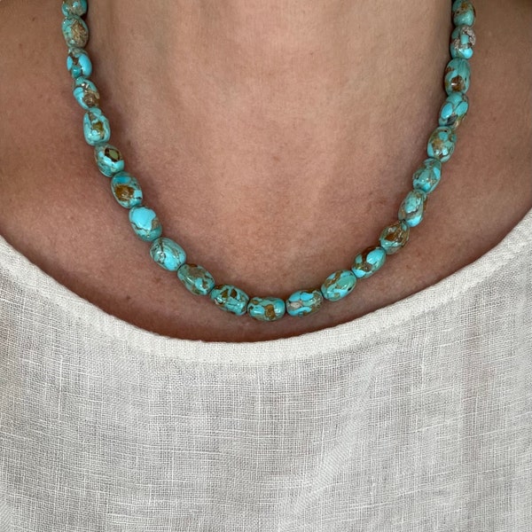 Genuine Kingman Arizona Large Chunky Blue & Brown Turquoise Nugget Beaded Necklace, Big Huge 8mm Modern Gemstone Unisex Choker Necklace
