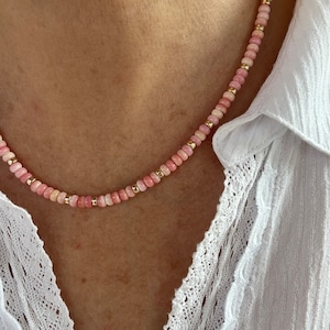Pink Queen Conch Shell & Gold Necklace, Pink Peach Cream Small Bead Seashell Choker, 4mm Dainty Delicate Rondelle Gemstone Jewelry Gift