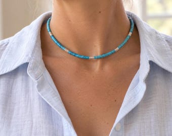 Genuine Blue Turquoise Heishi Necklace, Sterling Silver Accents, Unisex, 4mm