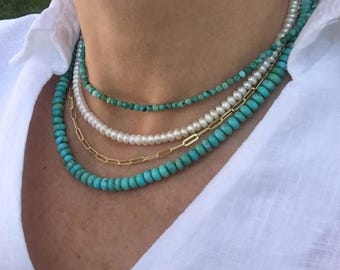Genuine Natural Kingman Turquoise Beaded Necklace, Blue Green Turquoise Necklace, 6mm Gemstone Boho Choker Necklace, Women Turquoise Jewelry