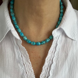 Large Blue Turquoise Nugget Necklace, Genuine Kingman Arizona Big Huge 8 X 10mm chunky Beads, Unique Eye Catching Southwestern Beaded Choker