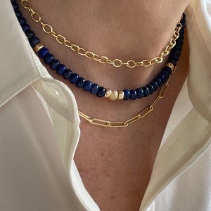 6mm Smooth Rondelle Lapis Lazuli Beaded Necklace, AAA Blue Lapis Modern Gemstone Healing Boho Choker, 14K Gold Filled or Sterling Silver