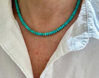 Kingman Turquoise Choker, 5mm Blue Green Rondelle Beads, Silver or Gold Necklace