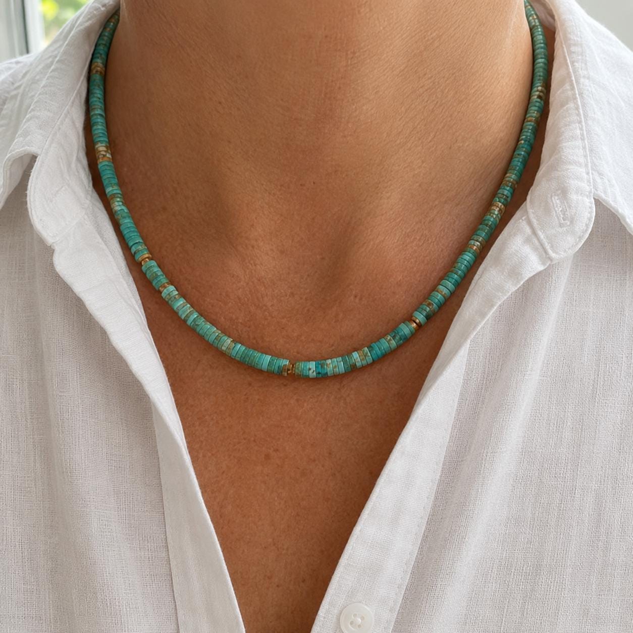 Genuine Turquoise Large Heishi Beaded Necklace | Natural 6mm Blue