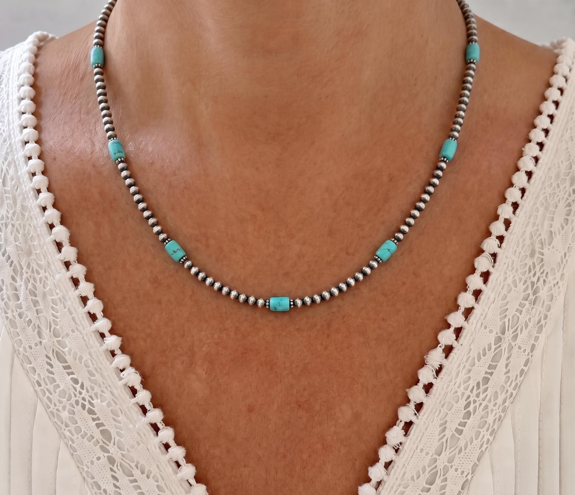 Blue Green Turquoise Station Necklace | Sterling Silver Navajo