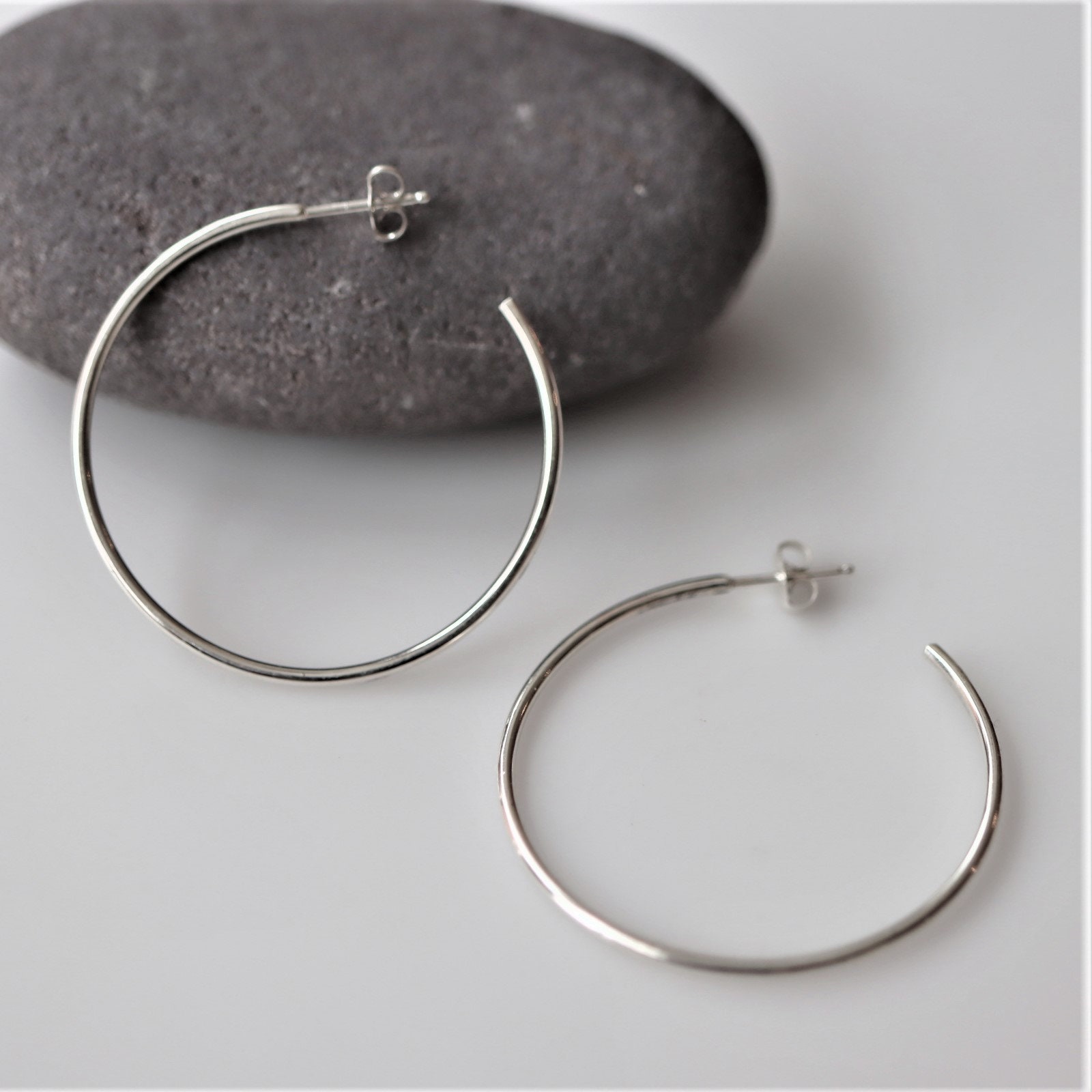 Sterling Silver Thin Post Hoop Earrings Simple Polished Etsy