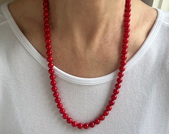Large 8mm Red Coral Round Gemstone Necklace, Beaded Layering Minimalist Choker Deep Red Necklace, Bead Healing Southwestern Boho Necklace