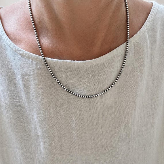 3mm Navajo Pearls Necklace, .925 Sterling Silver Small Tiny Bead