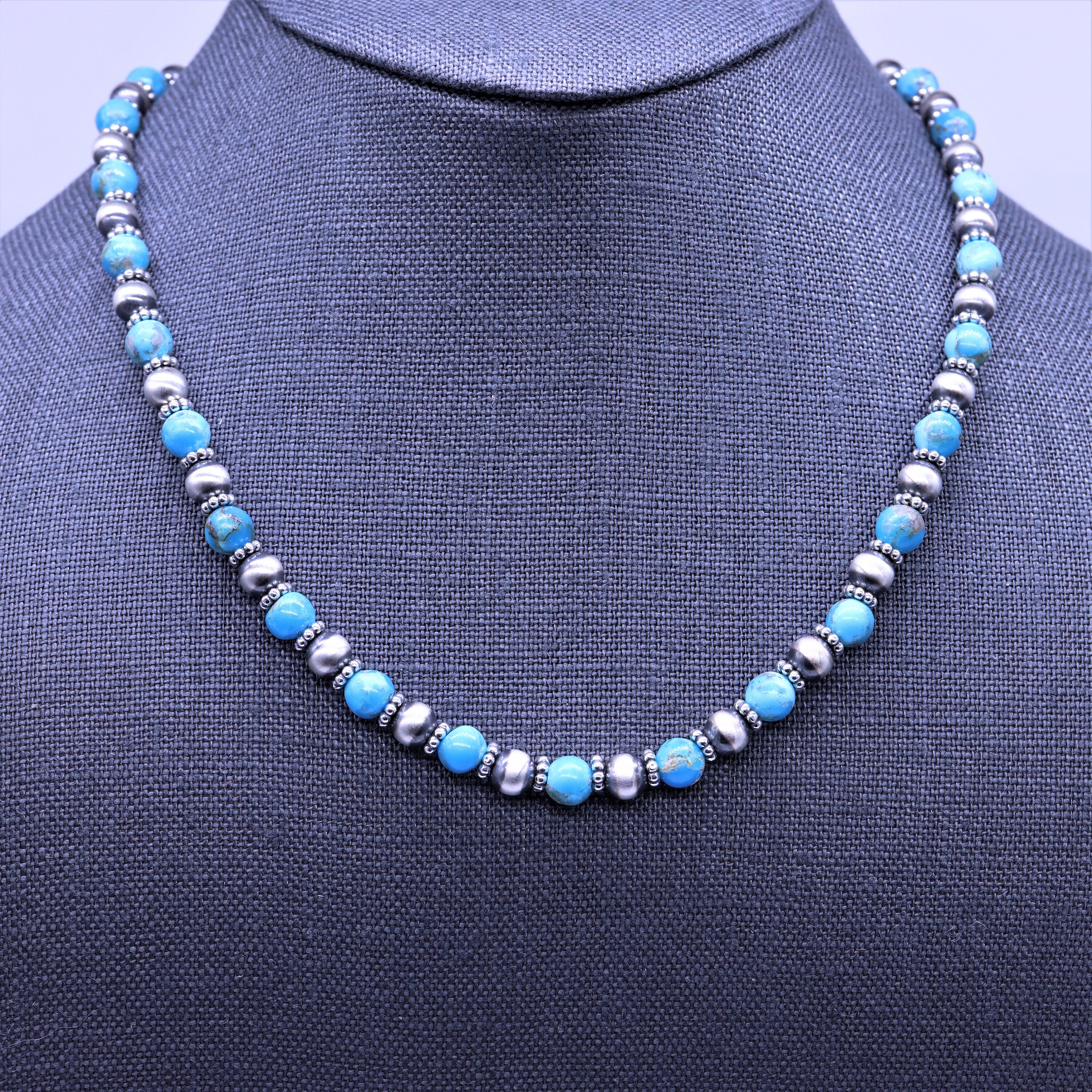 Navajo Pearl Turquoise Necklace, 6mm Round Blue Kingman