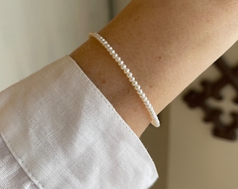 3mm Small Tiny High Luster AAA+ White Round Freshwater Pearl Bracelet, Modern Thin Feminine Delicate Dainty Bead Bracelet Gift For Her Child