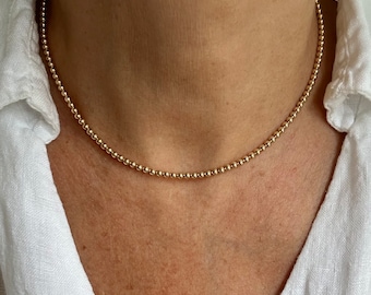 3mm Round Ball Gold Filled Beaded Necklace, Tiny Small Delicate Necklace, Women&#39;s Dainty Feminine Minimal Elegant Formal Choker Jewelry