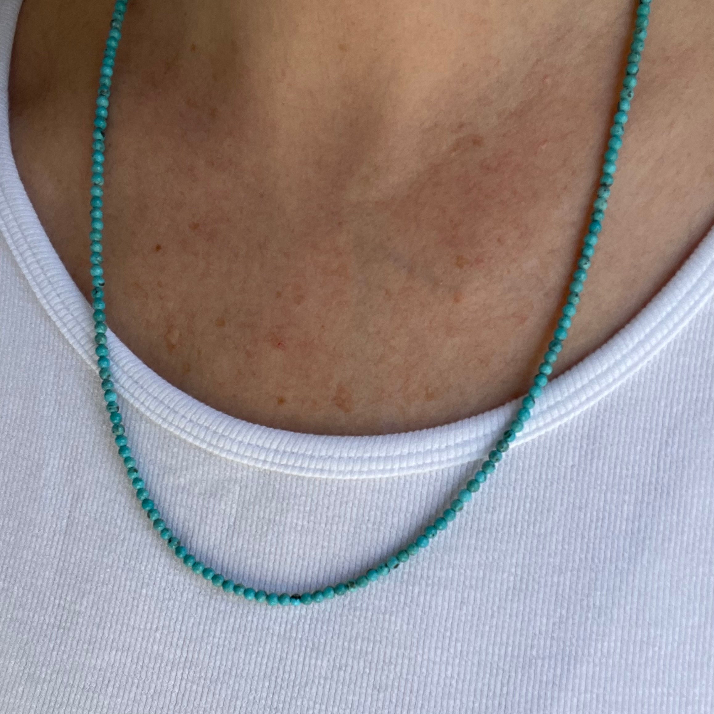 Collier Homme Femme Perles Turquoise Naturelle Bleue - 24" - Pierre Précieuse Naturelle, Réglable