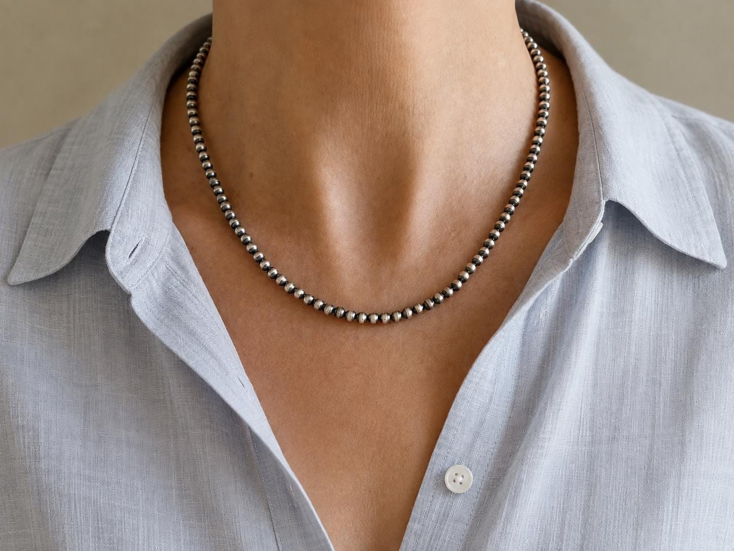 4mm Sterling Silver Navajo Pearl Style Bead Necklace, Southwest