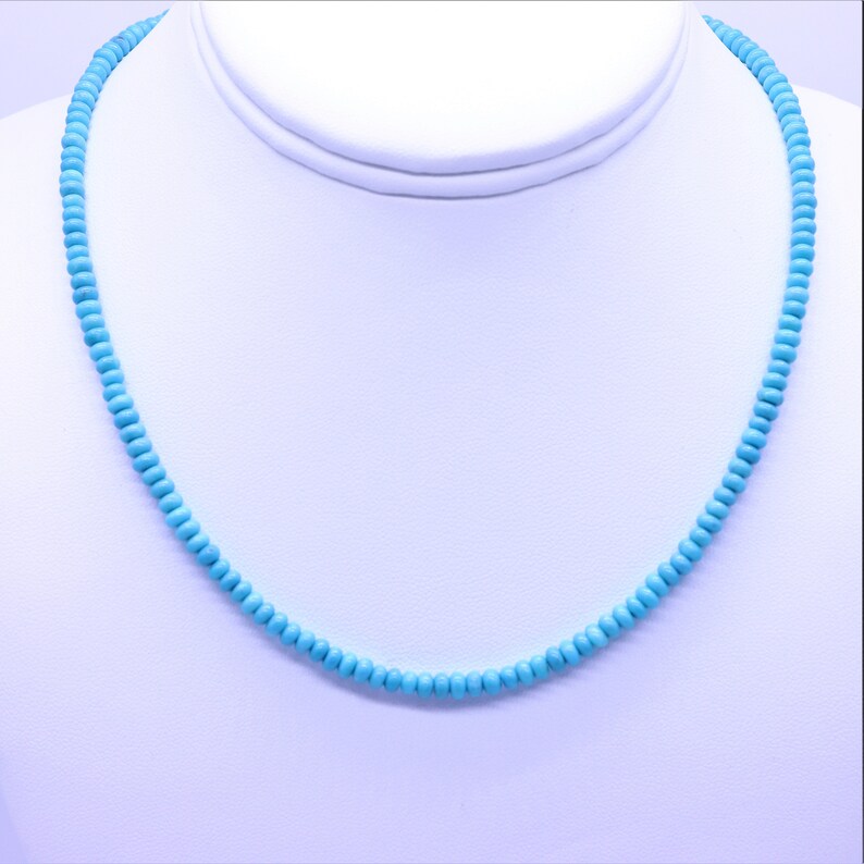 Blue Arizona Turquoise Necklace, 4mm Rondelle Beaded Necklace, Dainty Southwestern Minimalist Layering Choker, Genuine Turquoise Jewelry. Genuine Kingman Arizona gemstone beads. great necklace to wear as a single strand or layered.