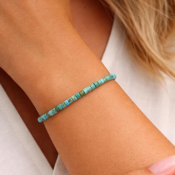 Arizona Turquoise Blueish Green Beaded Heishi Bracelet, Lightweight Delicate Dainty, 3mm Tiny Small Thin Natural Gemstone, Silver or Gold