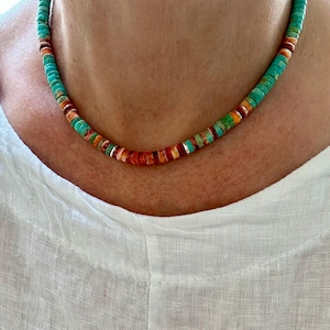 Handcrafted Heishi Necklace: Spiny Oyster & Turquoise, Sterling Silver