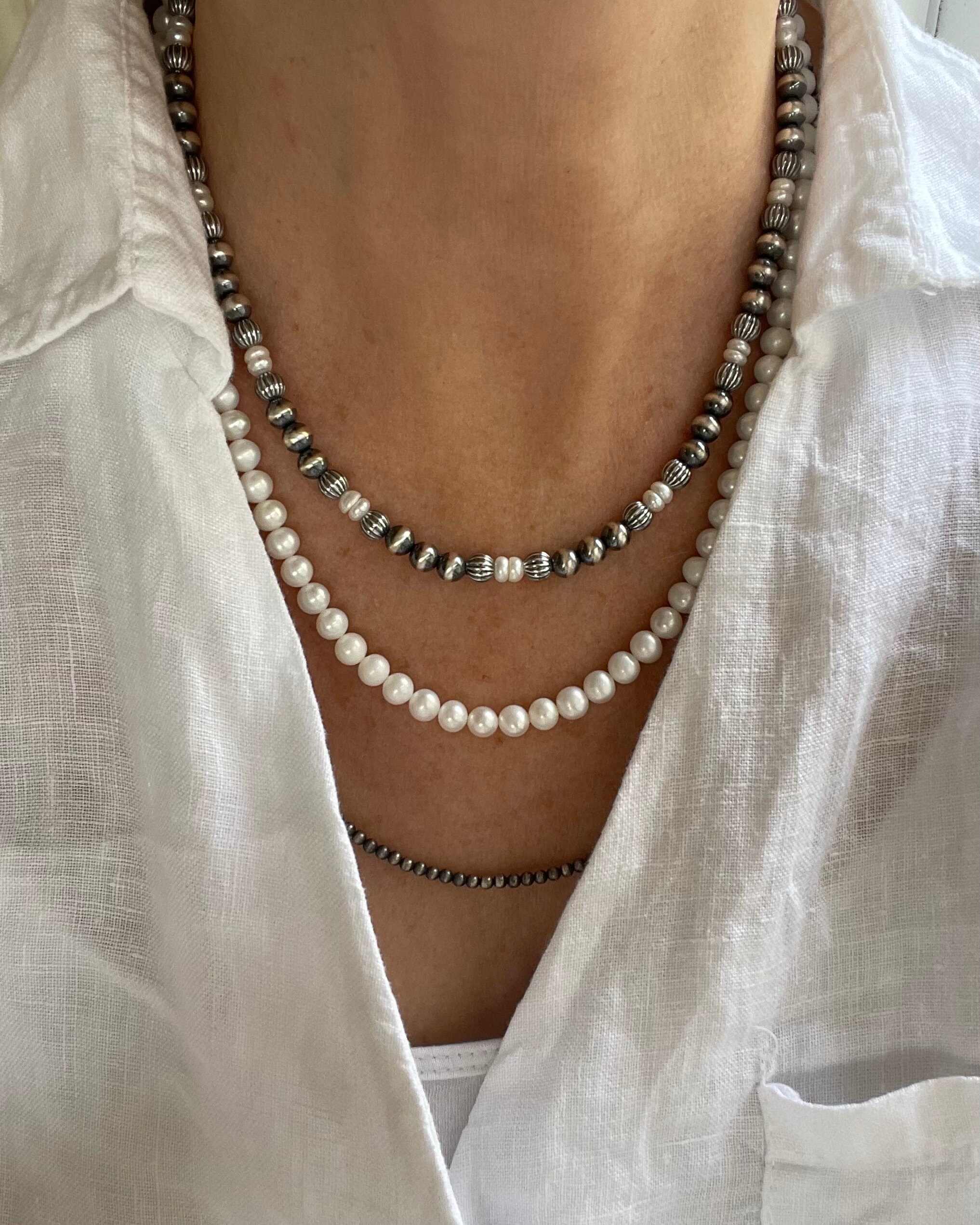 Freshwater Pearl and Navajo Pearls Necklace, 6mm Silver Oxidized