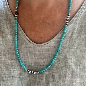 4mm Turquoise Necklace, Genuine Natural Kingman Turquoise Small Bead Necklace, Blue Green Round Turquoise Gemstone Navajo Pearls Choker