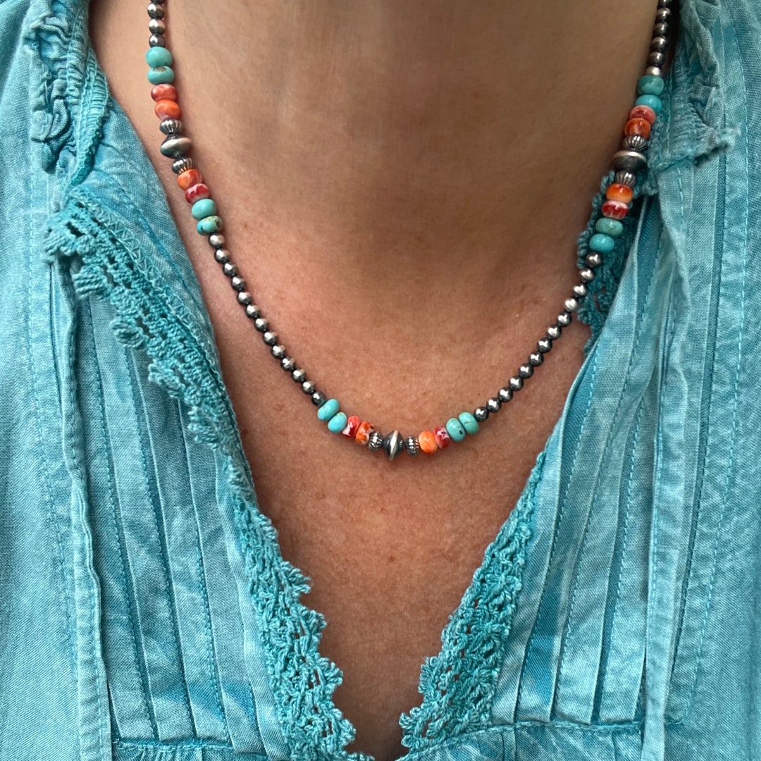 Southwest Elements 4mm Orange Spiny Oyster & Navajo Pearl Necklace