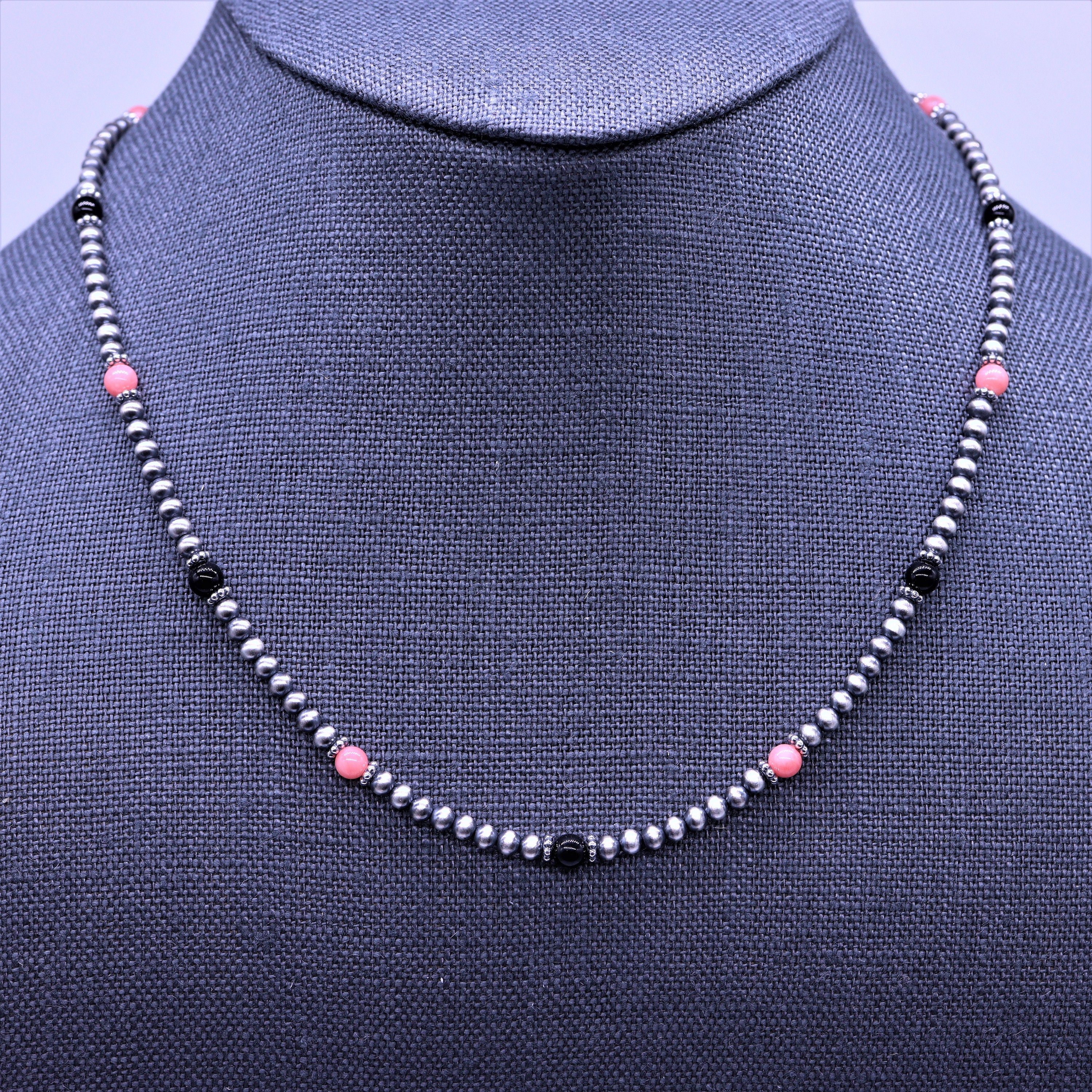 Navajo Pearl Necklace With Pink Bamboo Coral and Black Onyx