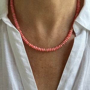 Pink Angel Skin Coral Heishi Necklace, 5mm Beaded Rondelle Gemstone Layering Stacking Minimal Choker, Gold or Silver Accents, Gift for Her