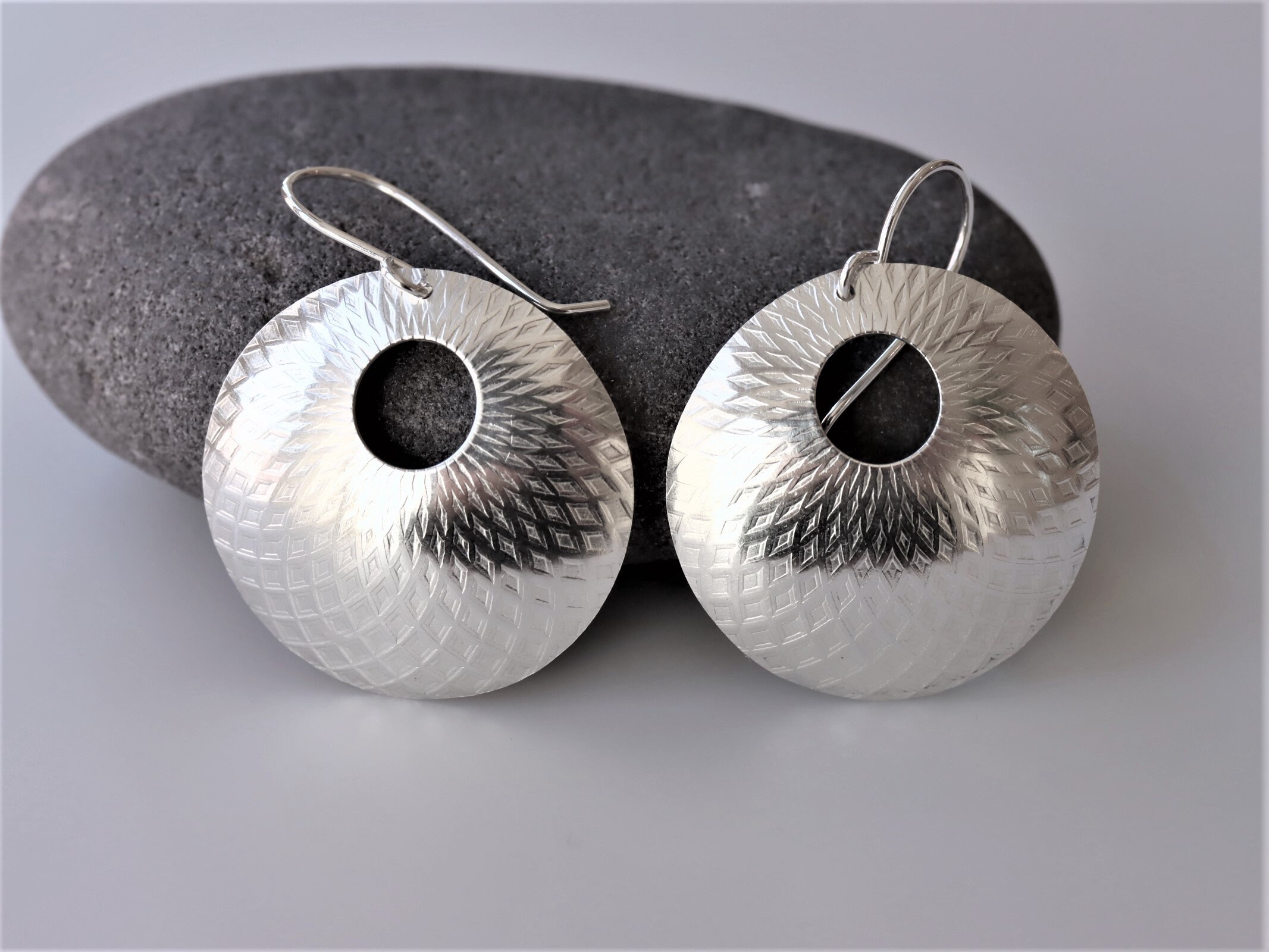 Large Round Sterling Silver Mandala Hoop Dangle Earrings, Bold Silver Boho Drop Earrings with Detailed Intricate Rolling Mill Pattern for sale  