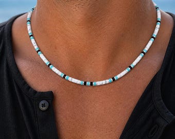 Modern Heishi Necklace | Black Onyx, Blue Turquoise, White Buffalo, Sterling Silver | 4mm Choker Southwestern Artisan Jewelry | Unisex Gift