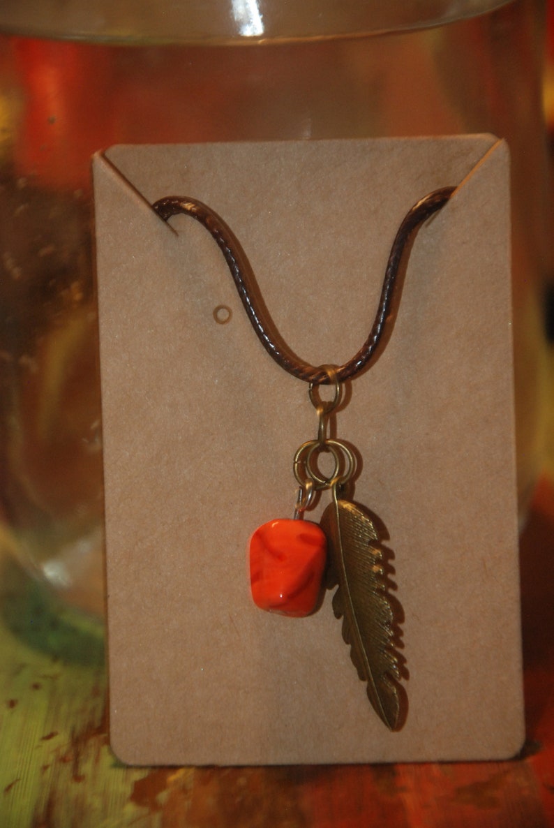 Red Bead and Feather Charm Necklace