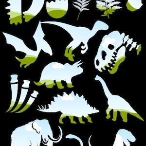 Puede incluir: Siluetas de varios dinosaurios, incluyendo un Tyrannosaurus Rex, un Triceratops, un Stegosaurus y un Pterodactyl, con un fondo de cielo azul y hierba verde. Tambi&eacute;n hay im&aacute;genes de un huevo de dinosaurio, helechos y un esqueleto de dinosaurio.