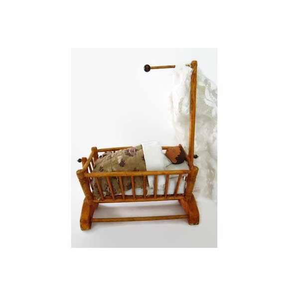 Antique French Dollhouse Crib with Clay Baby Doll, Solid Wood  and Rattan Cradle