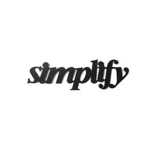 May include: Black cursive word "simplify" on a white background. The word has a shadow effect, giving it a three-dimensional appearance. The image is simple and minimalist.