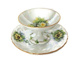 Antique C. Durflinger Hand Painted Lusterware Mini Compote and Saucer Yellow Flower Design Signed